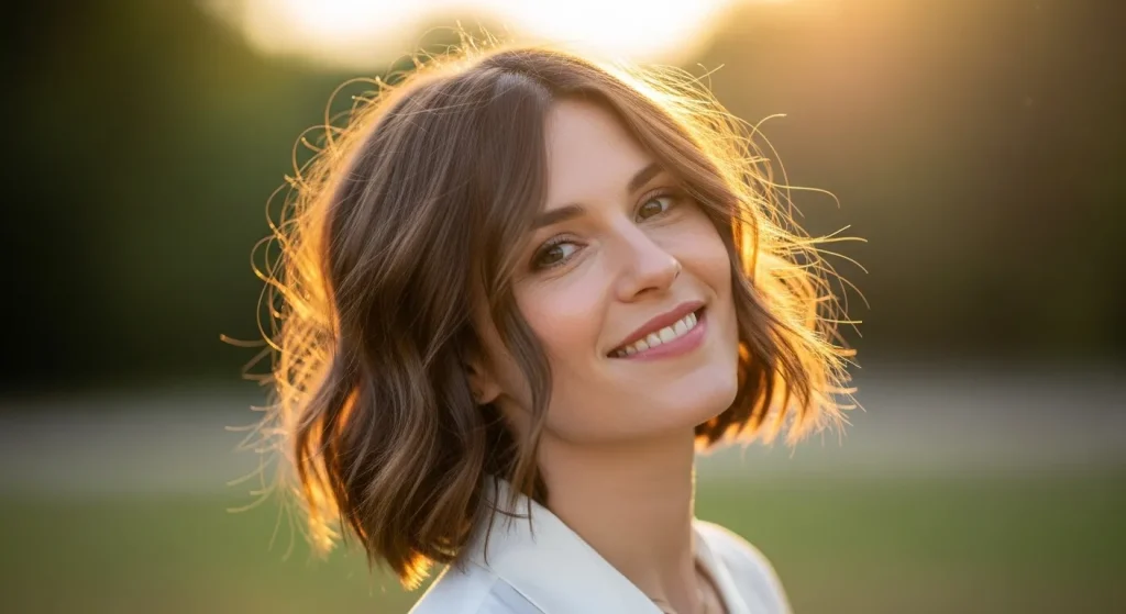 Top Choppy Layered Bob Haircut You Need to Try This Year 9 Smiling woman with choppy layered bob haircut 2025 showing soft textured waves.