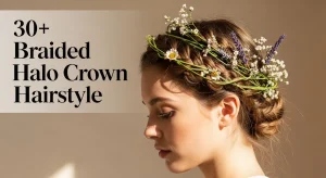 “Elegant woman with braided halo crown hairstyle in soft natural light”