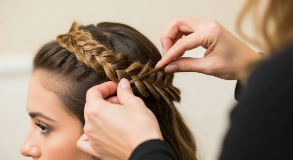 25+ Braided Halo Crown Hairstyle Inspirations for 2025 3 “Hairstylist creating a braided halo crown around a woman’s head”