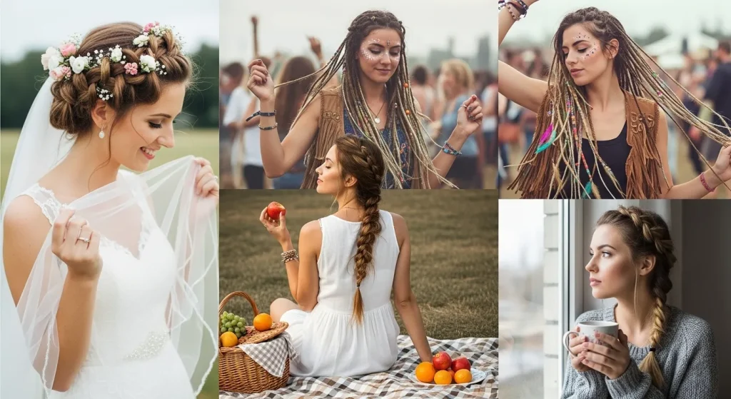 25+ Braided Halo Crown Hairstyle Inspirations for 2025 7 “Different occasions showcasing the braided halo crown hairstyle wedding, festival, summer day, and casual wear”