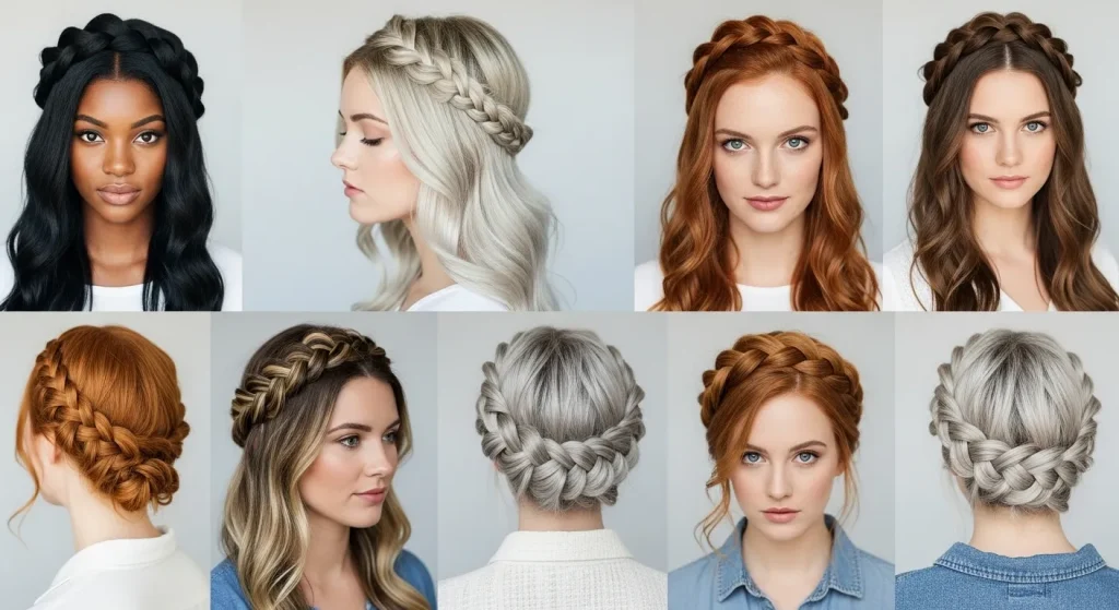 25+ Braided Halo Crown Hairstyle Inspirations for 2025 5 “Different women with various hair lengths and textures wearing braided halo crowns”