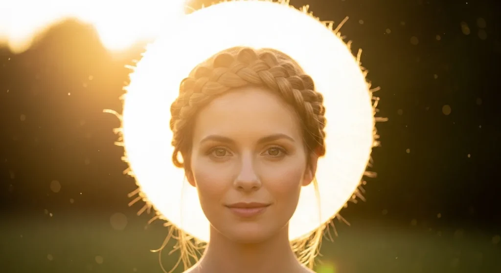 25+ Braided Halo Crown Hairstyle Inspirations for 2025 4 “Braided halo crown glowing like a circular halo in sunlight”