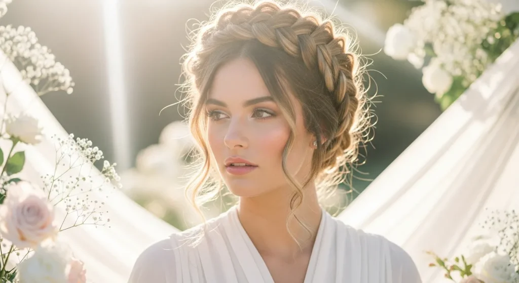 25+ Braided Halo Crown Hairstyle Inspirations for 2025 2 “Close-up of a braided halo crown hairstyle with ethereal boho elegance”