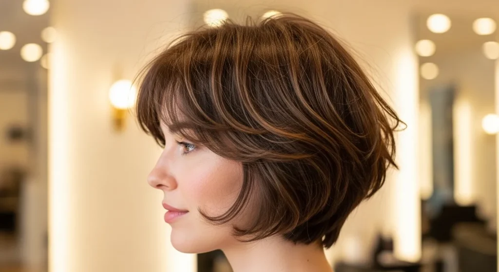 30+ Short Shaggy Bob Haircut Ideas That Elevate Your Look 3 “Side profile of short shaggy bob haircut with layered texture and volume.”