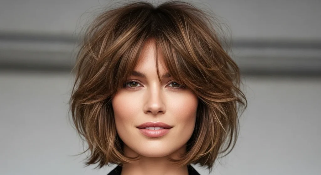 30+ Short Shaggy Bob Haircut Ideas That Elevate Your Look 2 “Woman with short shaggy bob haircut 2025 featuring soft layers and tousled texture.”