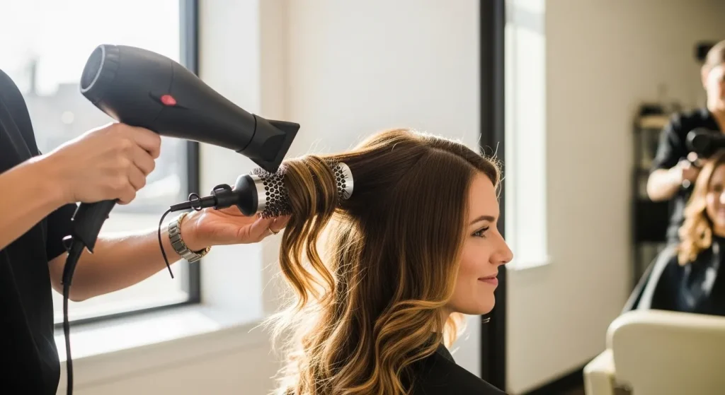 20+ Soft Blowout Waves Hairstyle Ideas for Effortless Glamour 3 “Hairstylist creating soft blowout waves using a round brush and blow dryer”
