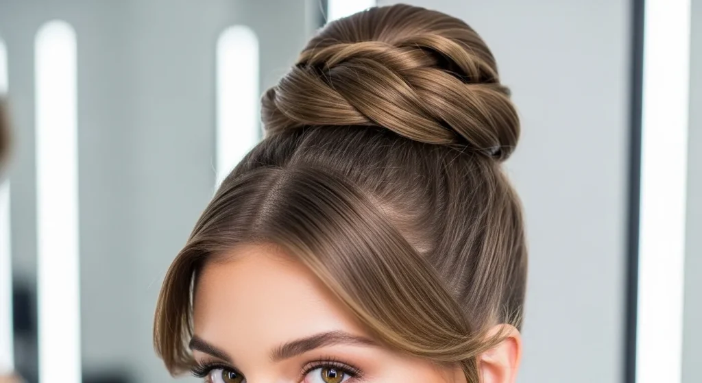 90+ Twisted High Bun Hairstyle Ideas for Every Occasion 2 “Woman wearing the twisted high bun hairstyle with sleek twisted strands.”