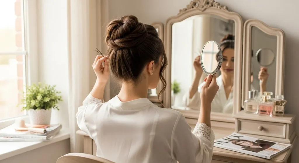 90+ Twisted High Bun Hairstyle Ideas for Every Occasion 6 “Woman perfecting her twisted high bun hairstyle in front of a mirror.”